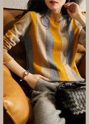 French Blue Half Hign Neck Striped Knitted Sweaters Fall