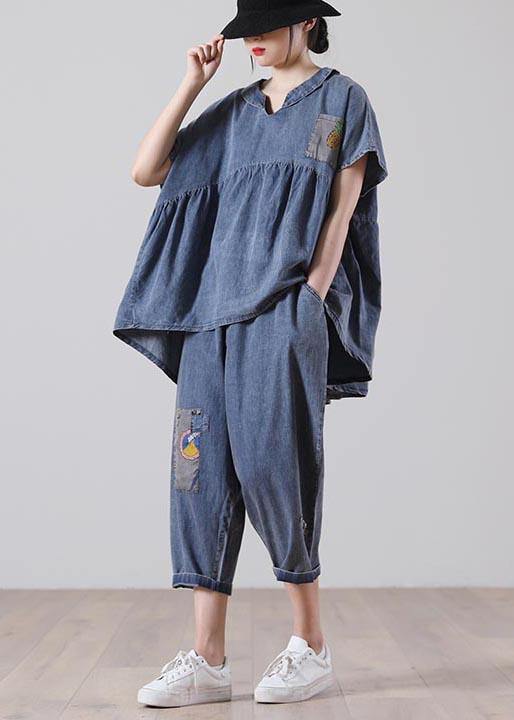 French Blue Half Sleeve Cotton Loose Summer Two Pieces Set - SooLinen
