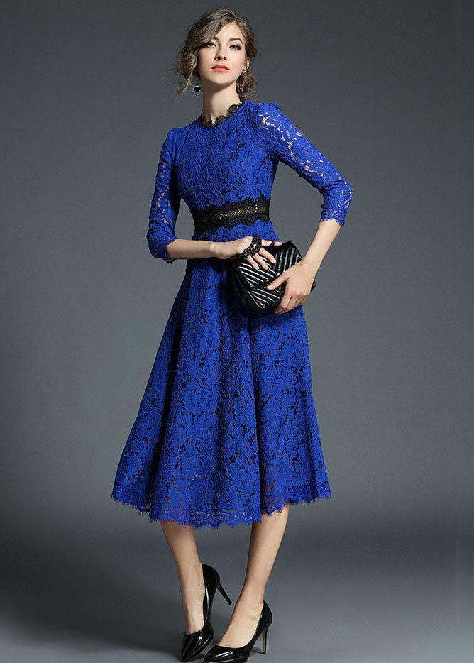 French Blue Hollow Out Embroidered Patchwork Lace Dresses Summer