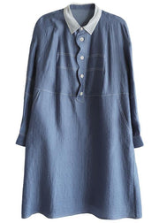 French Blue Long sleeve Patchwork Button Dress Spring - SooLinen