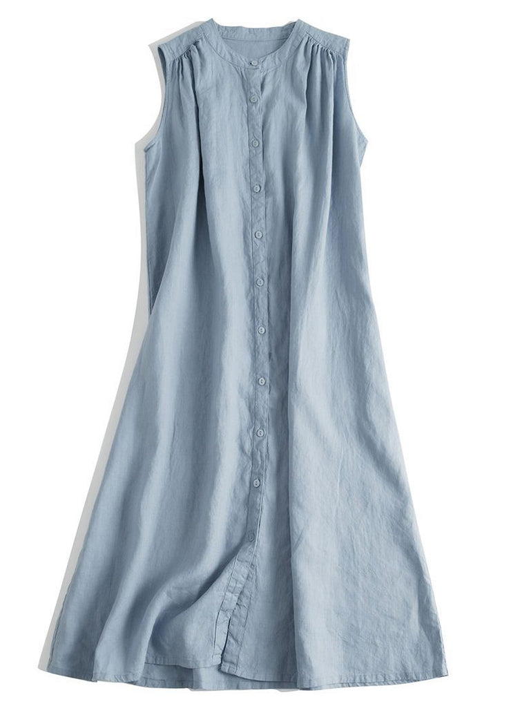 French Blue O Neck Button Linen Dresses Sleeveless
