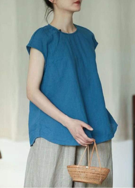 French Blue O Neck Button Patchwork Linen T Shirt Top Short Sleeve