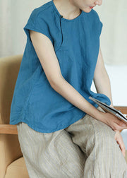 French Blue O Neck Button Patchwork Linen T Shirt Top Short Sleeve