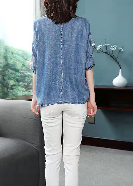 French Blue O-Neck Embroidered Cotton Shirt Top lantern sleeve