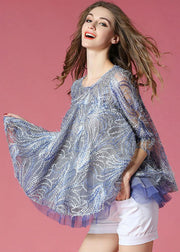 French Blue O-Neck Embroidered Hollow Out Tulle A Line Tops Spring