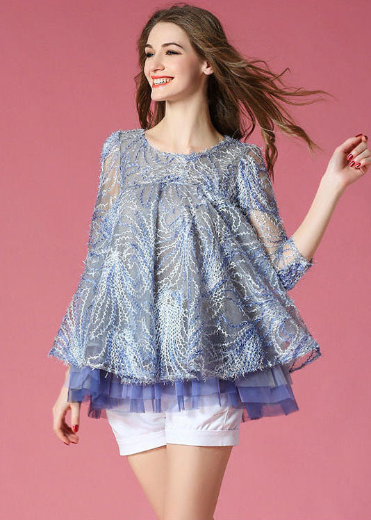 French Blue O-Neck Embroidered Hollow Out Tulle A Line Tops Spring