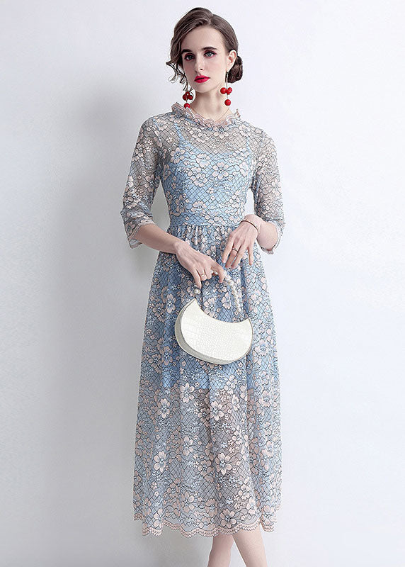 French Blue O-Neck Hollow Out Lace Cinch Dresses Half Sleeve