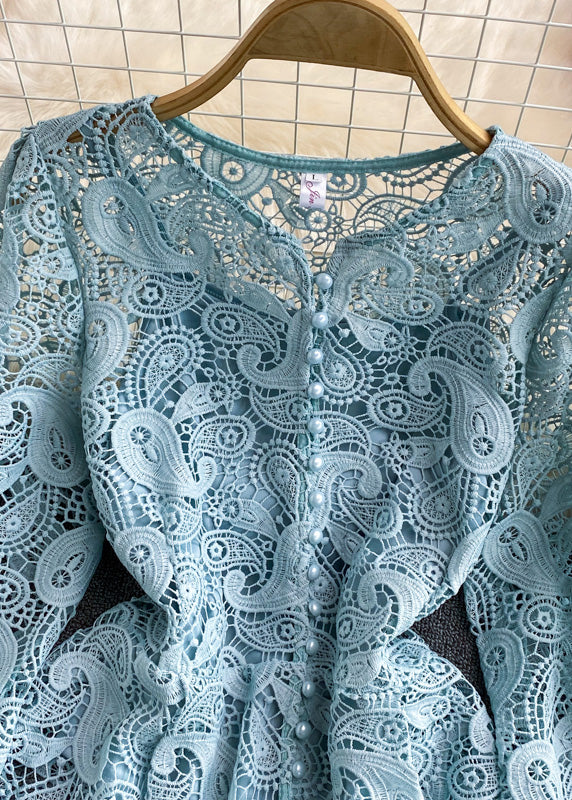French Blue O-Neck Hollow Out Tunitc Lace Top Long Sleeve