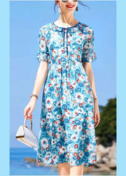 French Blue O-Neck Lace Up Print Silk Beach Dress Short Sleeve