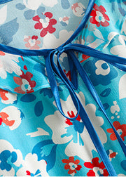 Französisches blaues Seiden-Strandkleid mit O-Ausschnitt und Schnürung und kurzen Ärmeln