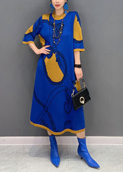 French Blue O Neck Print Long Knit Dress Half Sleeve