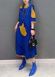 French Blue O Neck Print Long Knit Dress Half Sleeve