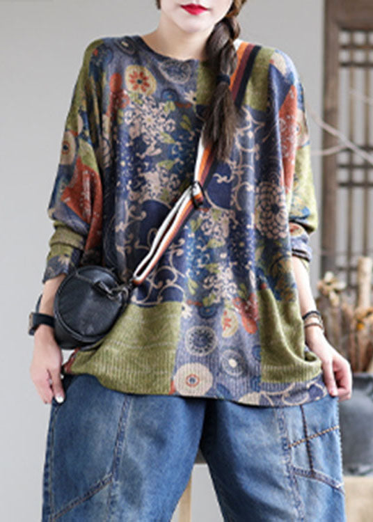 French Blue O-Neck Print Loose Fall Sweater