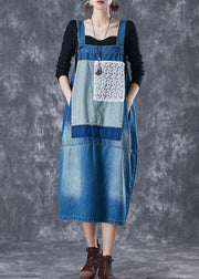 French Blue Oversized Lace Patchwork Denim Strap Dresses Summer