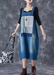 French Blue Oversized Lace Patchwork Denim Strap Dresses Summer