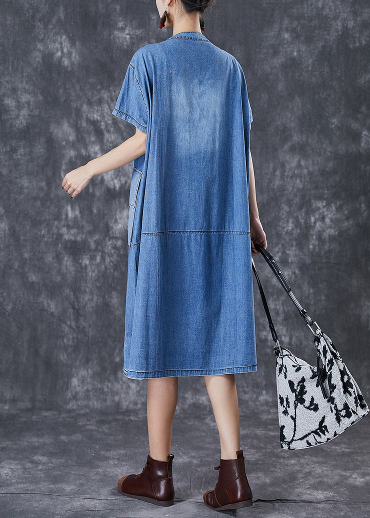 French Blue Oversized Patchwork Pockets Cotton Vacation Dresses Fall