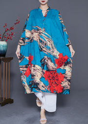 French Blue Oversized Patchwork Print Silk Holiday Dress Summer