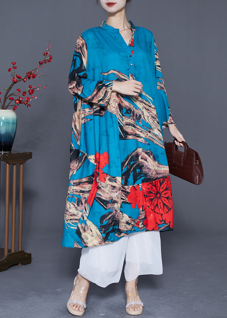 French Blue Oversized Patchwork Print Silk Holiday Dress Summer