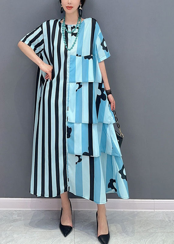 French Blue Oversized Patchwork Striped Cotton Dresses Short Sleeve