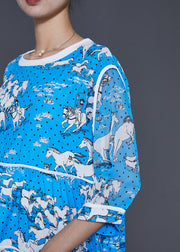 French Blue Oversized Print Chiffon Mid Dress Summer