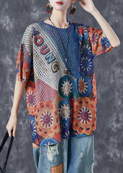 French Blue Oversized Print Knit Top Summer