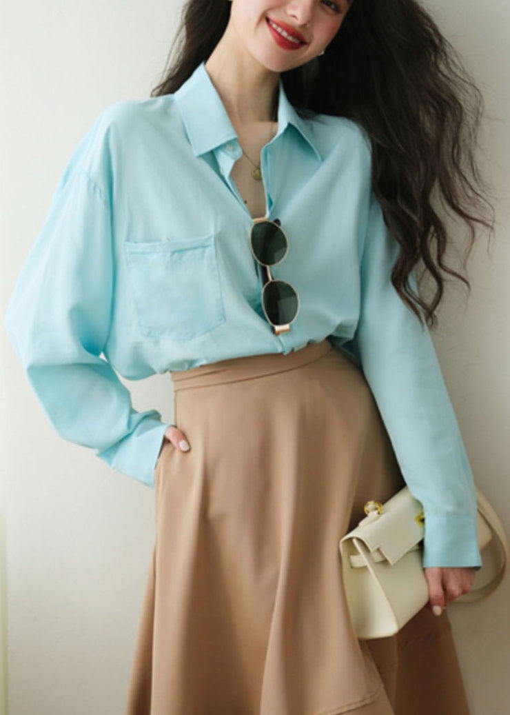 French Blue Patchwork Button Shirt Spring