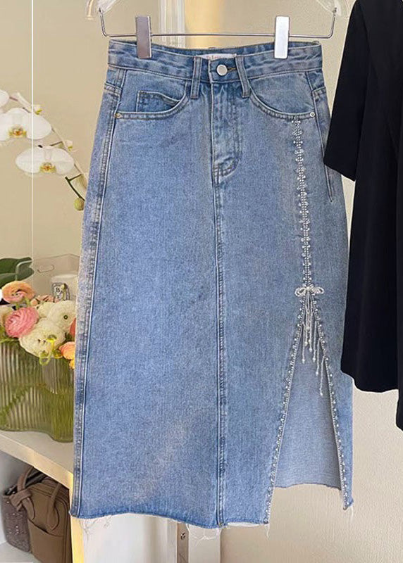 French Blue Patchwork Nail Bead Tassel Denim Maxi Skirts
