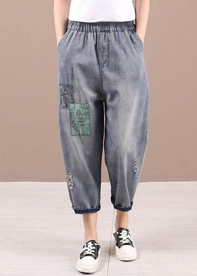 French Blue Patchwork ripped shorts Harem Pants - SooLinen
