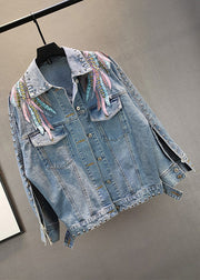 French Blue Peter Pan Collar Embroidered Patchwork Tassel Cotton Denim Coat Long Sleeve
