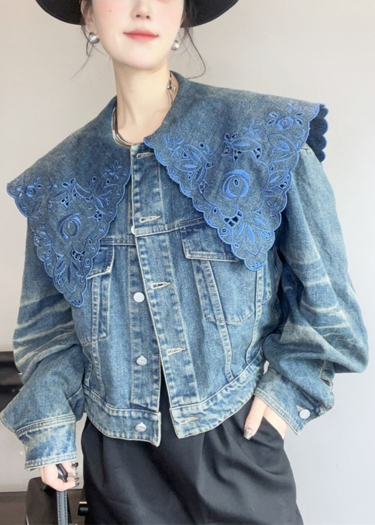 French Blue Peter Pan Collar Hollow Out Denim Coat Spring