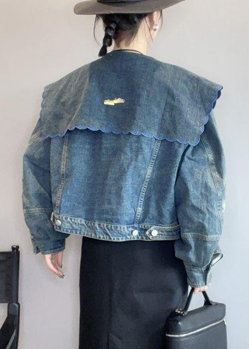 French Blue Peter Pan Collar Hollow Out Denim Coat Spring