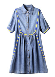 French Blue Peter Pan Collar Patchwork Wrinkled Button Cotton Maxi Dresses Summer