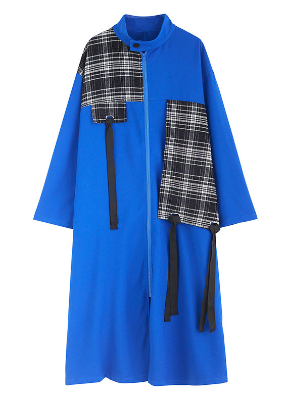 French Blue Peter Pan Collar Plaid Patchwork Zippered Long Trench Coats Spring