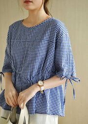 French Blue Plaid Patchwork Drawstring Summer Cotton Half Sleeve Blouse Top - SooLinen