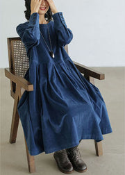 French Blue Plus Size Corduroy Dress Pockets Button Patchwork Fall Dresses