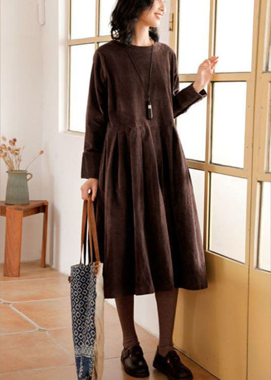 French Brown Plus Size Corduroy Dress Pockets Button Patchwork Fall Dresses