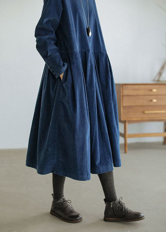 French Blue Plus Size Cord Kleid Taschen Knopf Patchwork Herbstkleider