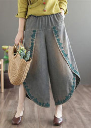 French Blue Pockets Embroidered Fall Denim Wide Leg Pants