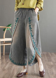 French Blue Pockets Embroidered Fall Denim Wide Leg Pants