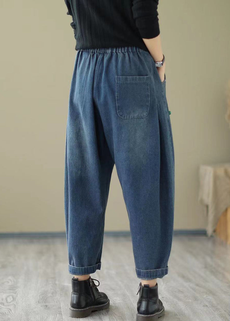 French Blue Pockets Lace Up Elastic Waist Jeans Fall