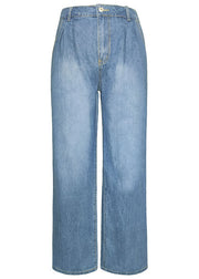 French Blue Pockets Patchwork High Waist Denim Trousers Spring