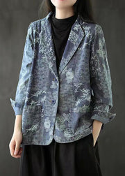 French Blue Pockets Print Denim Coats Long Sleeve