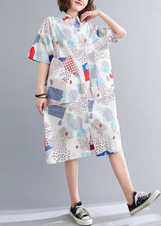 French Blue Print Cotton long shirts Summer Dress - SooLinen