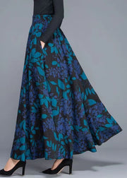 French Blue Print Pockets Elastic Waist Cotton Skirt Fall