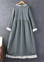 French Blue Print Side Open Lace Up Cotton Dress Long Sleeve