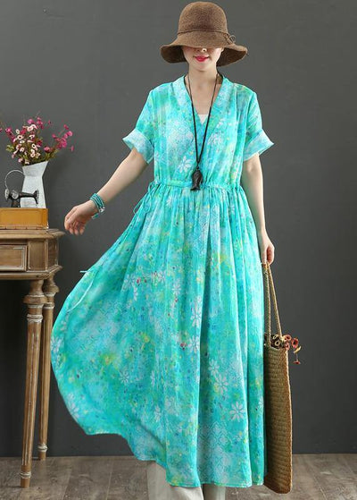 French Blue Print Tunic Pattern V Neck Drawstring Loose Summer Dress - SooLinen