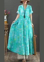 French Blue Print Tunic Pattern V Neck Drawstring Loose Summer Dress - SooLinen