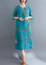 French Blue Print tie waist Mid Summer Cotton Dress - SooLinen