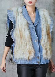 French Blue Raccoon Hair Patchwork Denim Vests Butterfly Sleeve