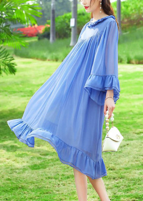 French Blue Ruffled Patchwork Silk A Line Dresses Flare Sleeve